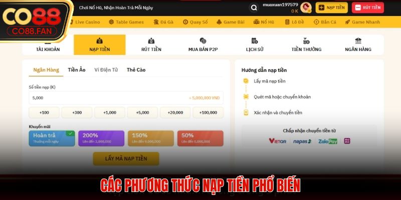 Điểm danh 3 kênh nạp tiền CO88 quen thuộc nhất