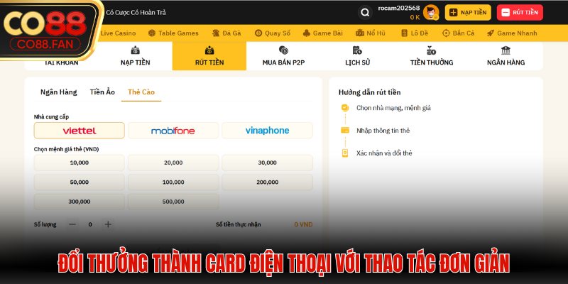 Đổi thưởng thành card điện thoại với thao tác đơn giản